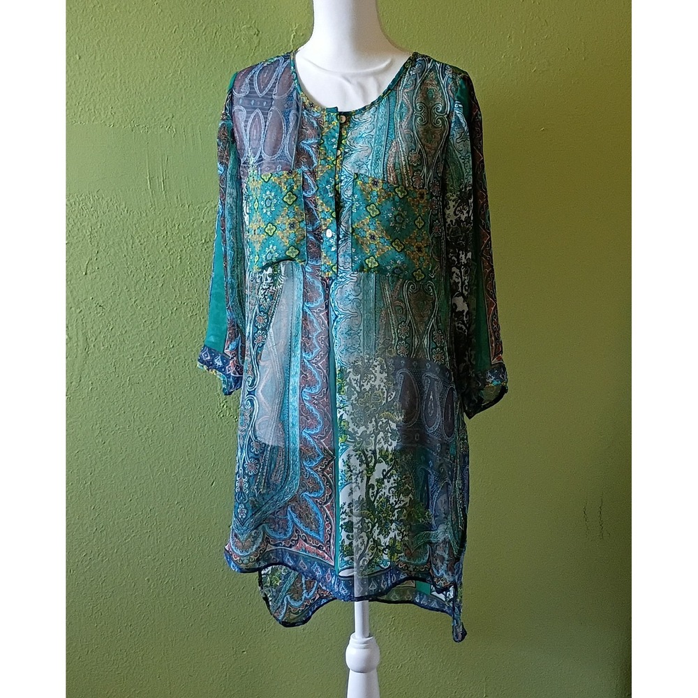 Parisian Chic Soft Life Teal Blue Paisley Patchwork Sheer Tunic Blouse Medium